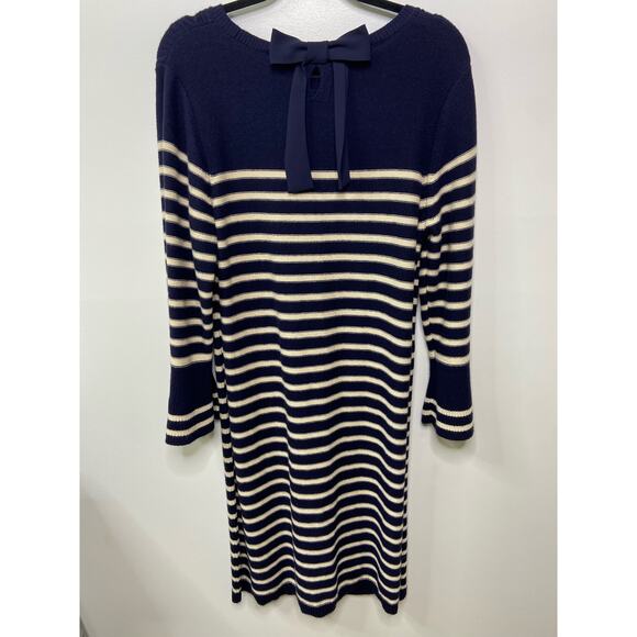 Talbots Stripe Sweater Dress Bell Sleeve Scoop Neck Bow Detail Midi Navy White L - Picture 3 of 7